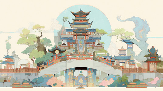 古风景画素材在古桥上的一座高高的古风卡通建筑物插画