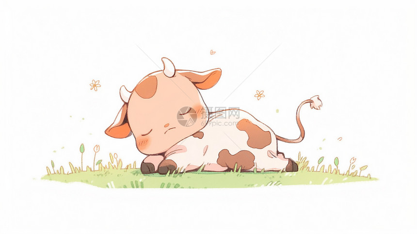 可爱的卡通小奶牛趴在草地上睡觉图片