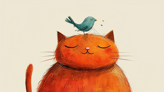 肥胖的卡通橘猫头顶上落着一只绿色小鸟背景图片