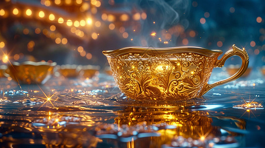 金黄色华丽的雕花茶杯冒着热气高清图片