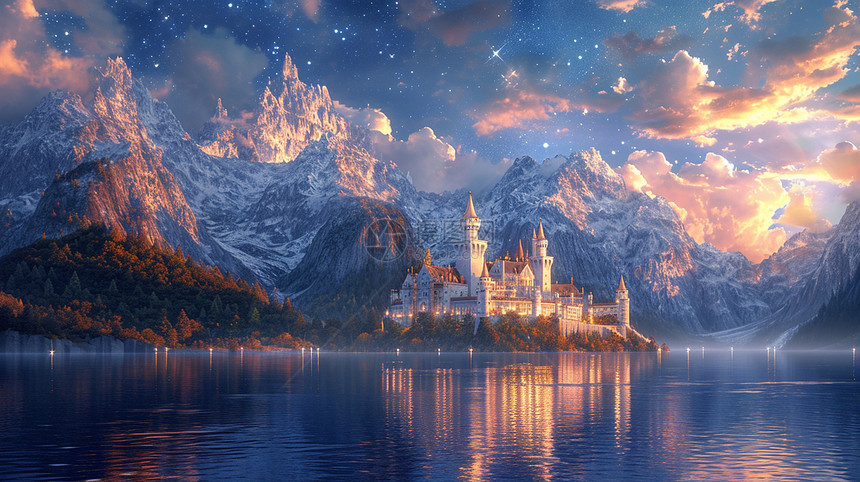 傍晚高高的雪山下一座美丽梦幻的卡通城堡图片