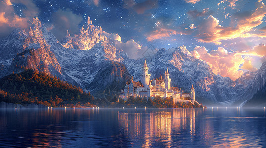 傍晚高高的雪山下一座美丽梦幻的卡通城堡背景图片