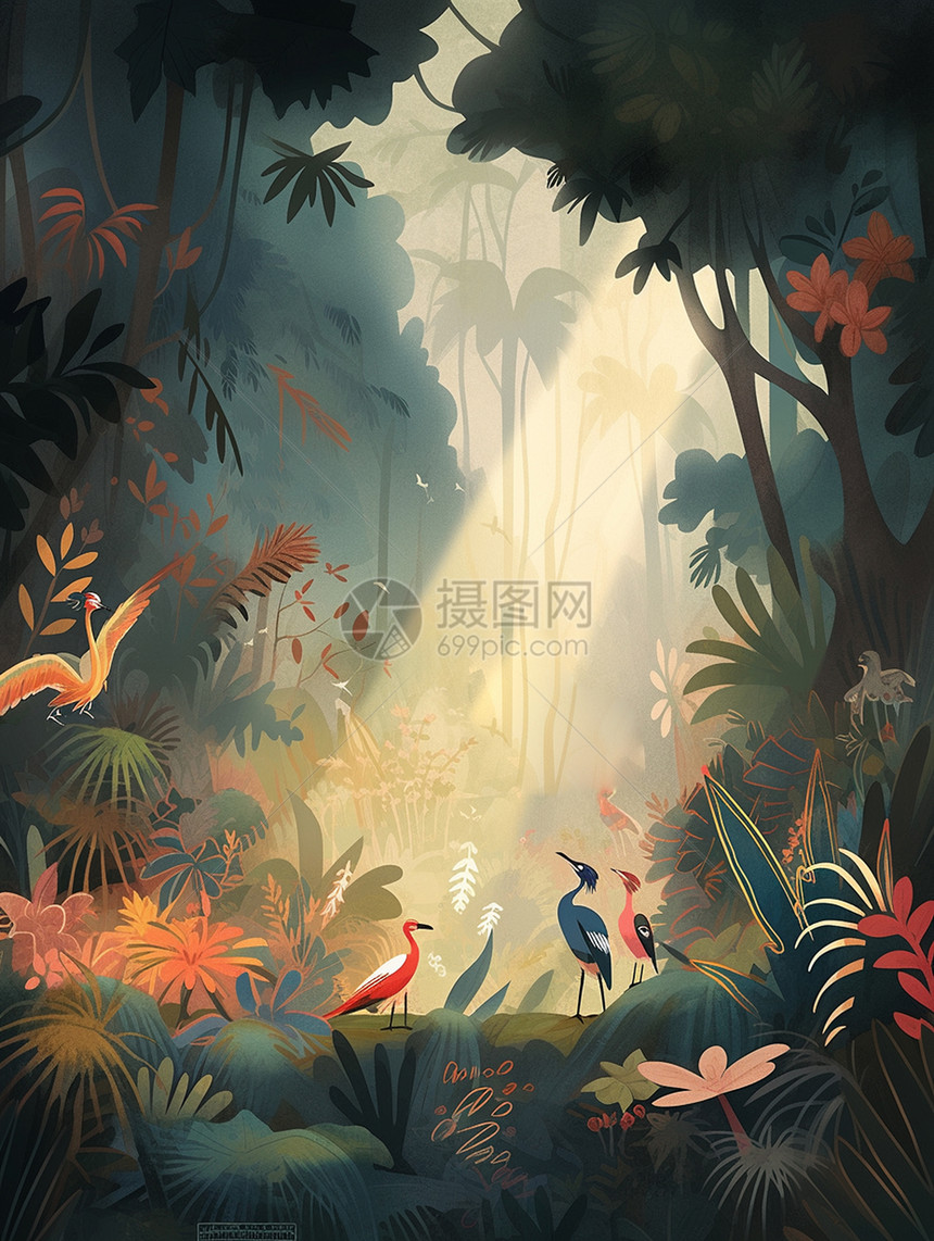 茂密的森林深处几只小鸟与一缕阳光唯美卡通风景图片