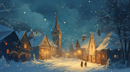 大雪路上冬天夜晚大雪中在村庄路上行走的两个人唯美插画插画