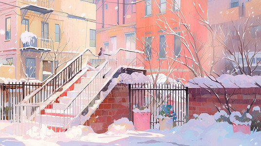 冬天雪后楼梯口落满了积雪卡通风景高清图片