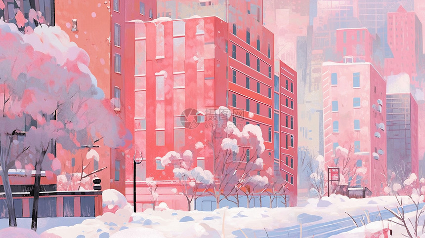 粉色调清新漂亮的卡通楼房雪后景色图片