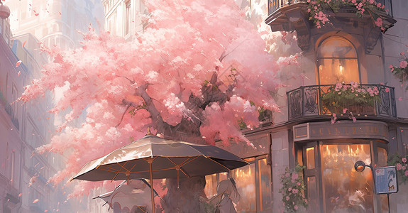 春天街角处一棵盛开的卡通桃树背景图片