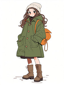 穿着绿色大衣背着橙色包包的时尚卡通女孩背景图片