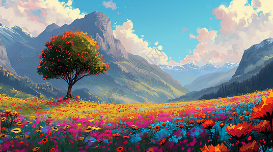 地球上的小树开满花朵的山坡上一棵小树远处美丽的崇山卡通风景插画