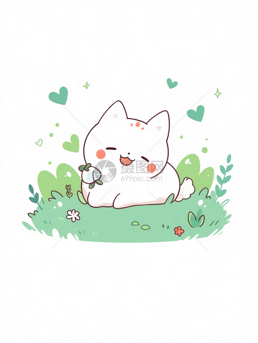 趴在草地上开心笑的可爱卡通小猫图片
