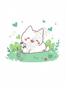 尴尬笑表情包趴在草地上开心笑的可爱卡通小猫插画