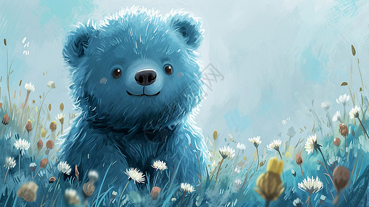 在花丛中可爱的卡通蓝色小熊背景图片