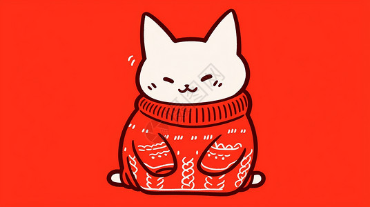 穿着红色大毛衣的卡通小白猫背景图片