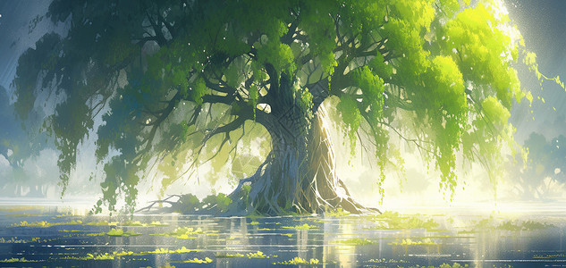 春天在湖中心的一棵高大嫩绿色卡通大树背景图片