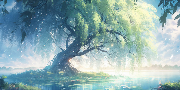 春天在湖中心一棵梦幻的嫩绿色卡通古树背景图片