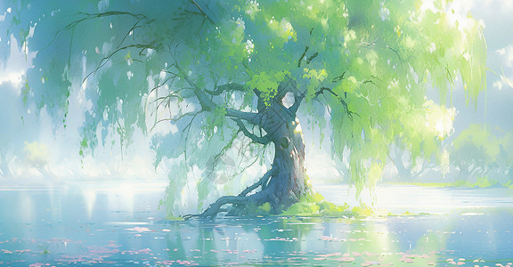 柳树发芽春天在湖中心一棵梦幻的嫩绿色卡通古树插画