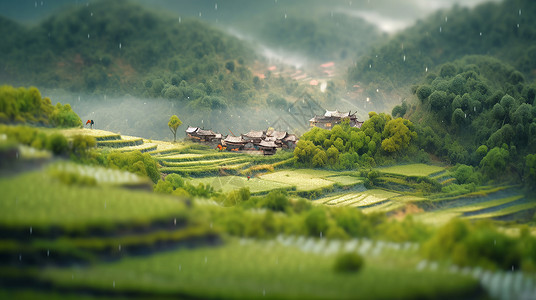 山间风景背景雨中山间一座古风秀丽的卡通小村庄插画