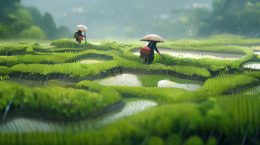 大雨中在田地间干活的卡通农民图片