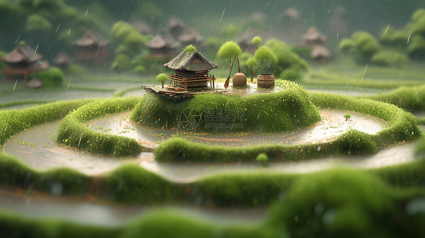春天大雨中小岛上的一座卡通小草屋图片