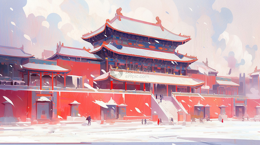 雪中大气的红墙古风卡通建筑图片