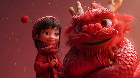 在一起过年新年穿着喜庆的立体可爱卡通小女孩与红色肥胖的龙站在一起开心笑插画