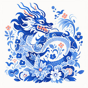 青花瓷中素材飞舞在蓝色花丛中扁平风蓝色卡通龙图案插画