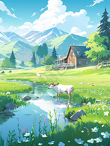 春天在小溪边悠闲吃草的卡通小牛身影唯美春天风景插画背景图片