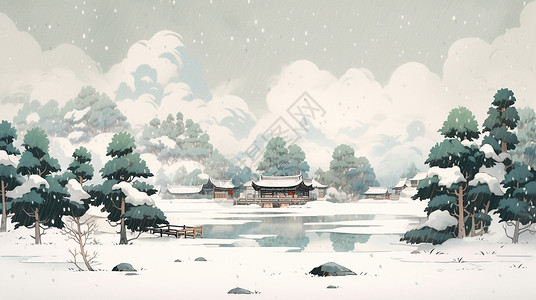 冬天湖边几座唯美的古风卡通小房子背景图片