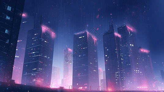 夜晚大雨中几座高高的现代卡通高楼背景图片