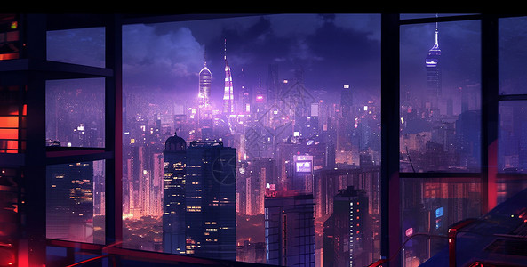 夜晚大大的窗子外繁华的卡通现代都市背景图片
