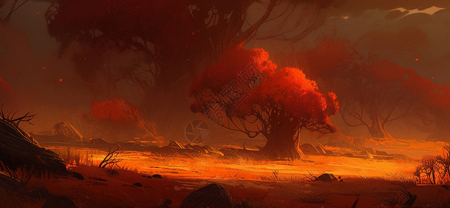傍晚一棵火红色的大树在山坡上背景图片