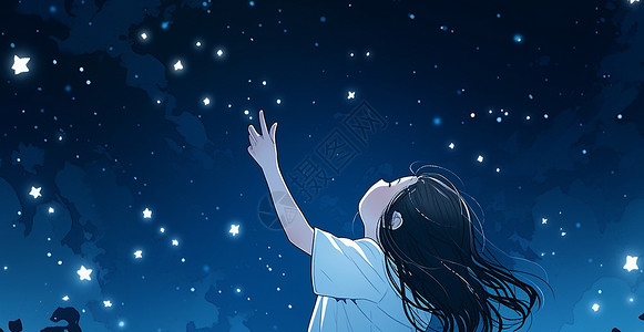 夜晚伸手摘星星的长发卡通女孩背景图片