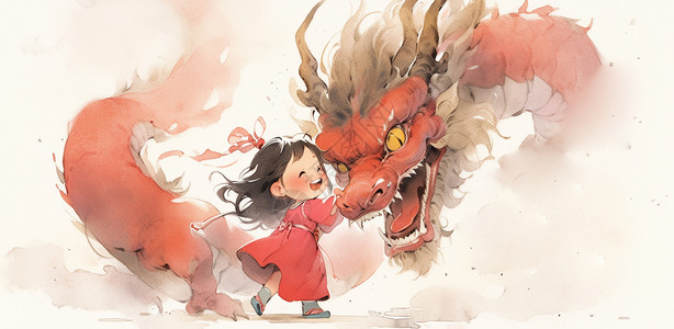 穿着红色裙子奔跑在红色龙身旁的可爱卡通小女孩背景图片