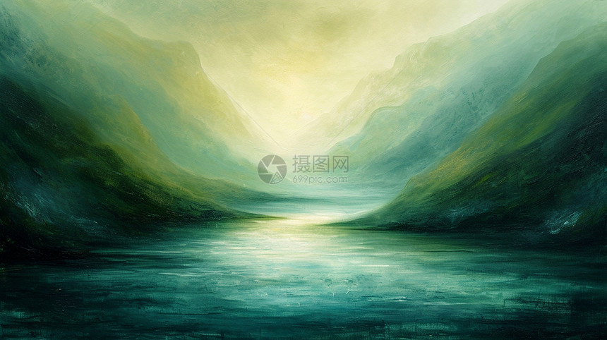 梦幻抽象的蓝绿色山水风景画图片