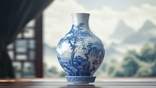古瓷器精致的青花瓷花瓶创意造型插画