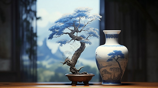 古松盆栽与古风青花瓷花瓶背景图片