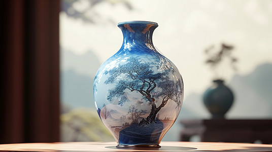 青花瓷中国风仿古文物古风花瓶上一棵古树插画