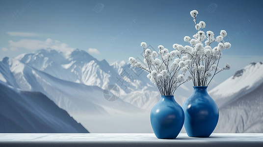 小小的蓝色复古花瓶在雪山前高清图片