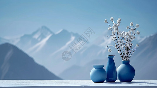 在文物上拍照造型独特漂亮的古风花瓶在雪山前插画