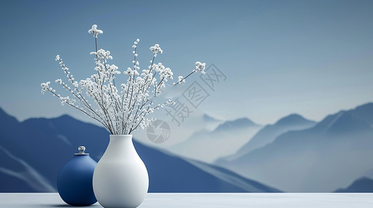 瓷器文物白色插花花瓶与蓝色小罐子插画