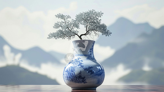 青花瓷花瓶插着一枝古松背景图片