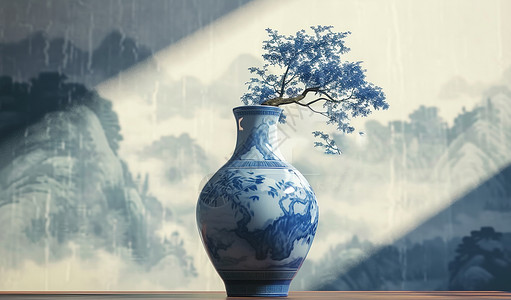 古风雕花青花瓷花瓶插着一枝古松树枝背景图片