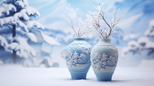 中国风镂空雕花大雪中两个立体雕花古花瓶插画