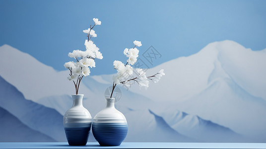 古瓷器优雅复古花瓶与远处的雪山插画