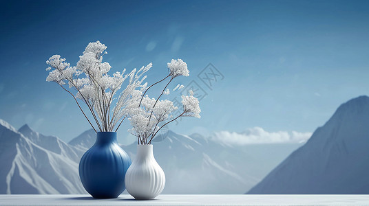 优雅的蓝白色小花瓶插着白色花束背景图片