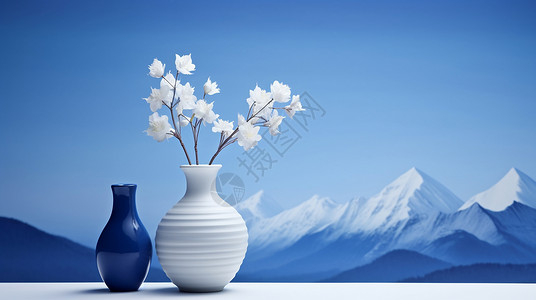 青花瓷中素材优雅大气的古风花瓶中插着白色花束与远处的雪山插画
