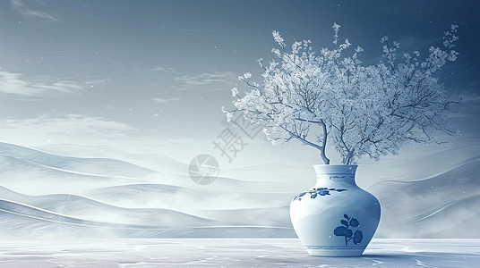 插花花瓶冬天蓝色调古风大气的花瓶插花插画
