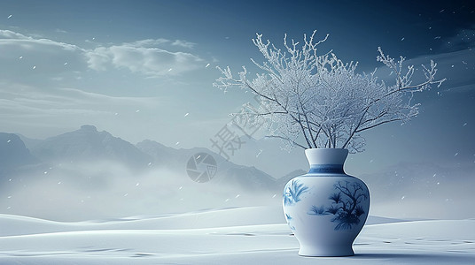 青花瓷中素材大雪中插着一枝树的古风花瓶插画