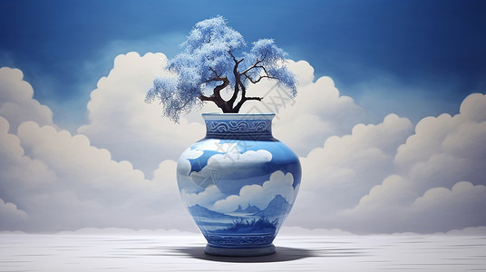 有云朵图案的古风蓝色花瓶插着一枝古松背景图片