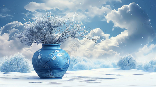大雪中插着很多树枝的古风花瓶背景图片